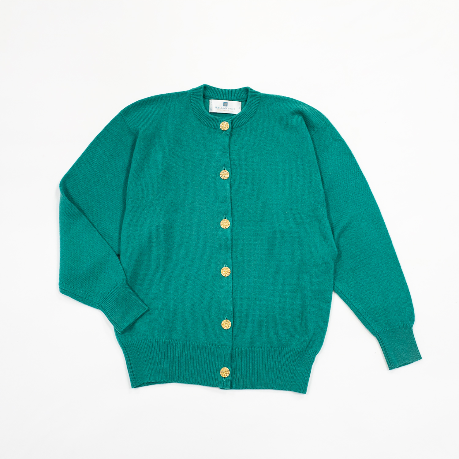 ヴィンテージバランタイン・カシミヤクルーネックカーディガン・クリロン・エメラルド